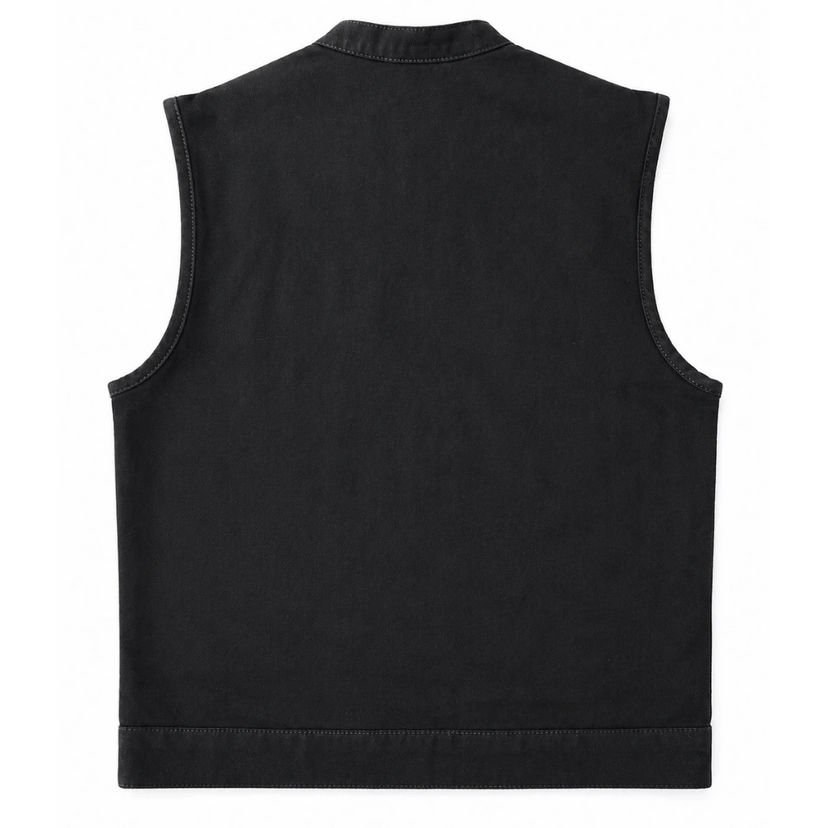 Legendary 'Nightshift' Black Denim Vest back view showing the black cotton panel made in USA
