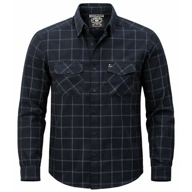Black plaid shirt with a brand logo on a white background