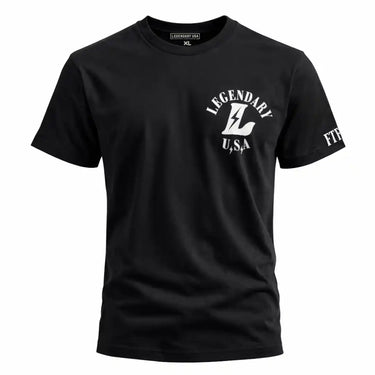 Legendary USA Bolt Logo T-Shirt limited edition black front view with Legendary U.S.A bolt logo on chest