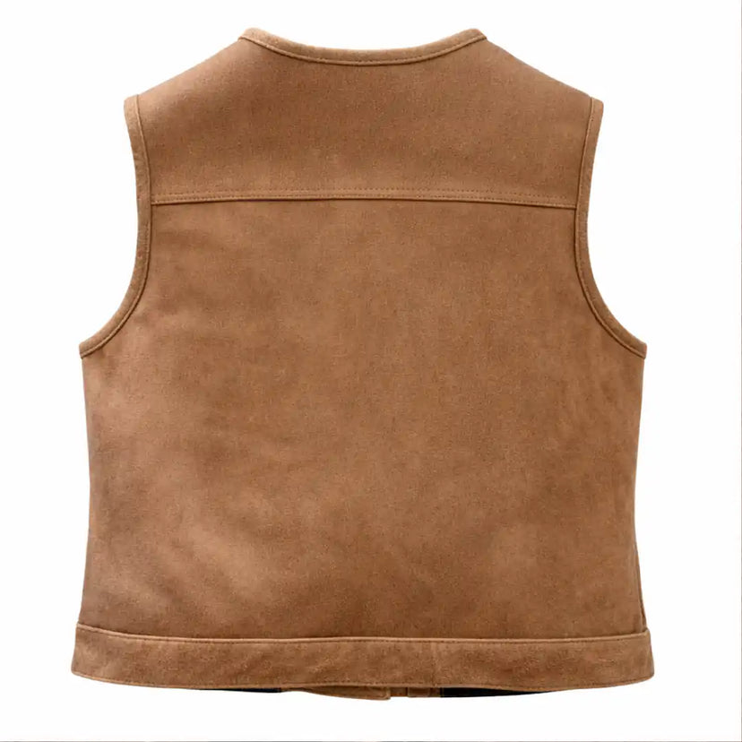 Alternate angle of Legendary Lowlife women's club style leather motorcycle vest, highlighting back construction