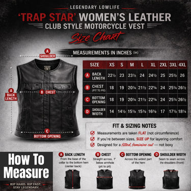 Alternate angle of Legendary Lowlife women's club style motorcycle vest, showing rear panel detail