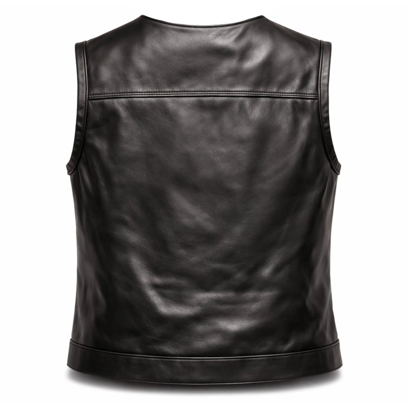 Alternate angle of Legendary Lowlife women's club style motorcycle vest, highlighting stitching and material grain