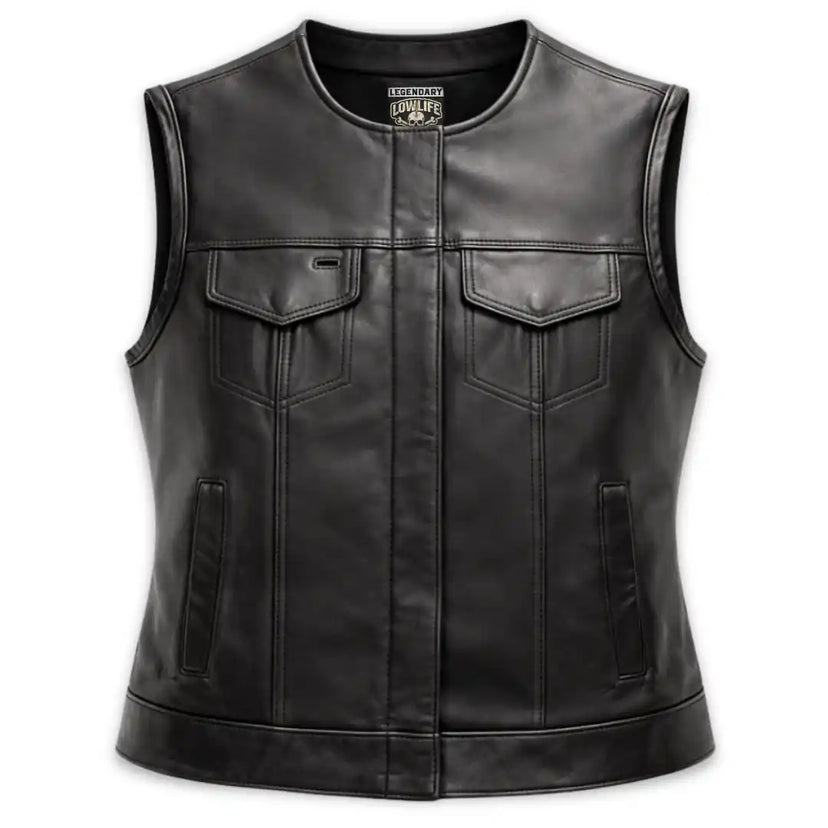 Front view showing Women's Legendary Lowlife club style motorcycle vest, with brand detailing visible