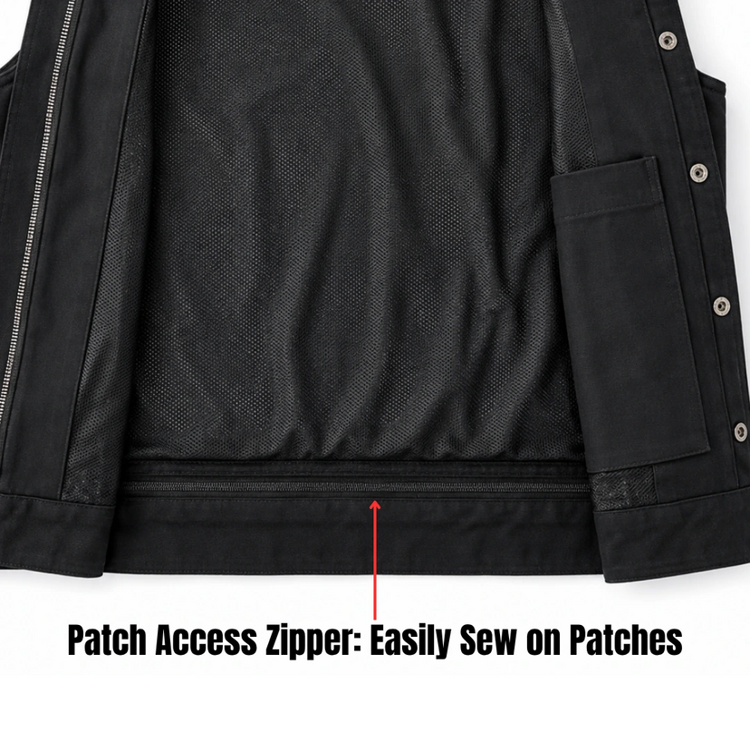 Interior lining of the Legendary 'Nightshift' Black Denim Vest showing the pockets and finish made in USA