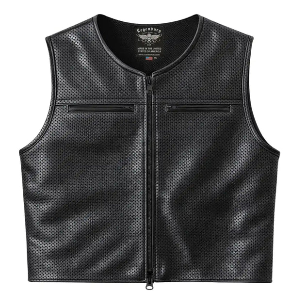 Legendary Beatdown™ Perforated Leather Cropped Motorcycle Vest – Oval-Cut Collar