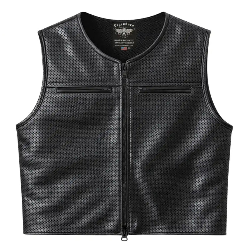 Legendary Beatdown Perforated Leather Vest — Oval Collar front view showing the leather design made in USA