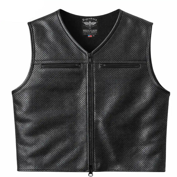 Legendary Beatdown™ Perforated Leather Cropped Motorcycle Vest – V Neck Collar