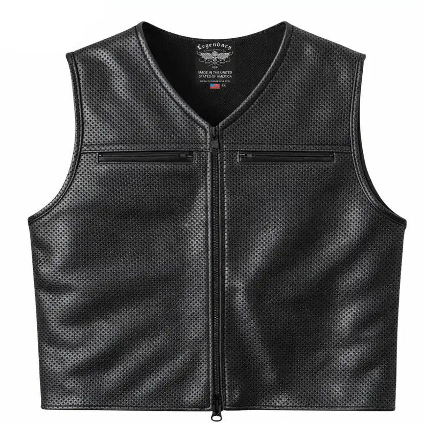 Legendary Beatdown Perforated Leather Vest — V-Neck Collar front view showing the leather design made in USA