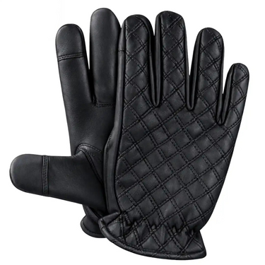 Front view of Legendary short wrist black deerskin gloves, with brand detailing visible