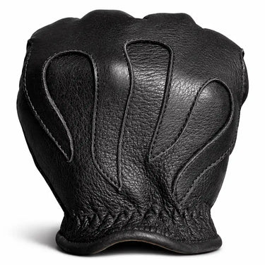 Side view of Legendary short wrist black deerskin gloves, highlighting stitching and material grain