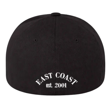 Legendary USA Bolt Logo Flex Fit Cap black back view with East Coast est. 2001 embroidery