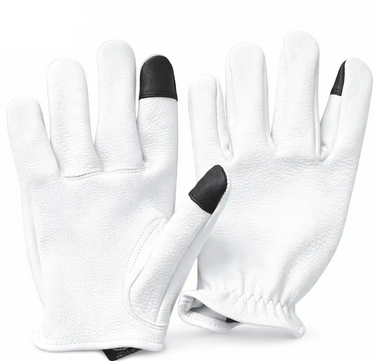 Front-facing shot of Legendary short wrist white deerskin gloves, shown on plain studio background