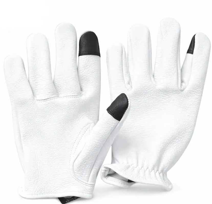 Front-facing shot of Legendary short wrist white deerskin gloves, shown on plain studio background