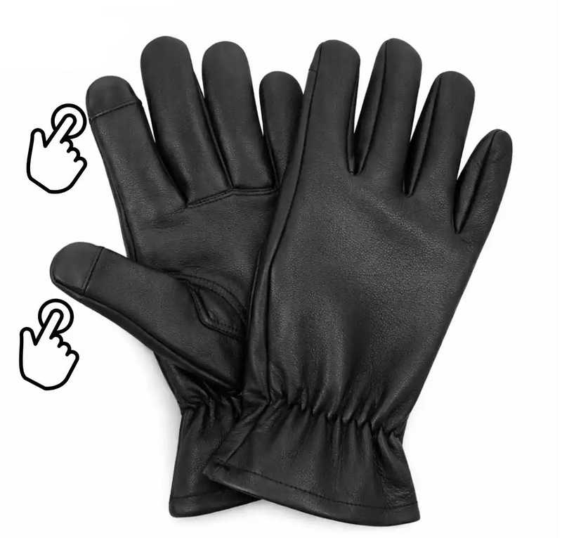Front view showing Legendary touchscreen deerskin gloves, with brand detailing visible