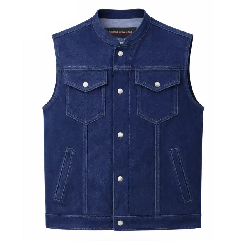 Legendary Ole Blue Men's Denim Vest in black cotton made in USA, a motorcycle vest