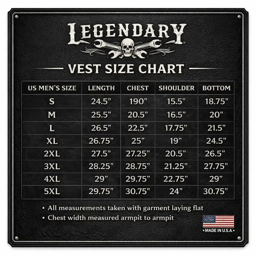 Size chart for the Legendary 'Nightshift' Black Denim Vest with body measurements to help find your fit made in USA