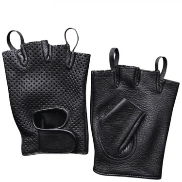 Front view featuring Legendary fingerless deerskin gloves, with brand detailing visible