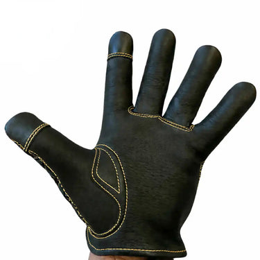 Detail view of Legendary short wrist gold deerskin gloves, showing additional product detail