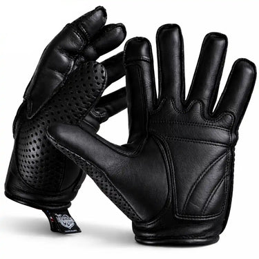 Black leather gloves with perforated design on a white background, featuring 'Made in USA' label.