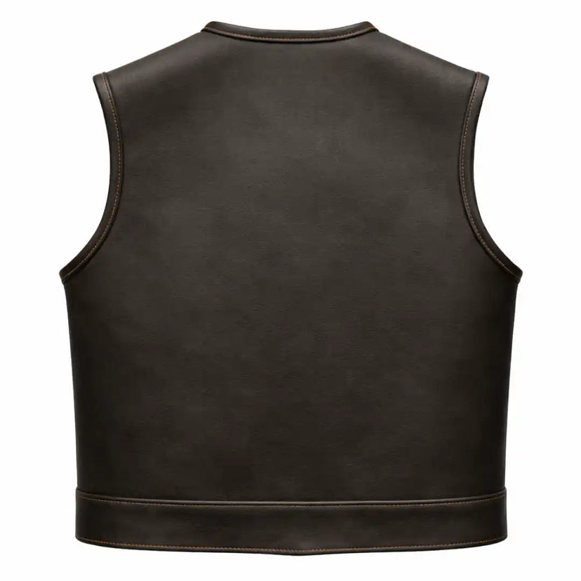 Construction detail of Legendary Lowlife cropped chocolate leather motorcycle vest