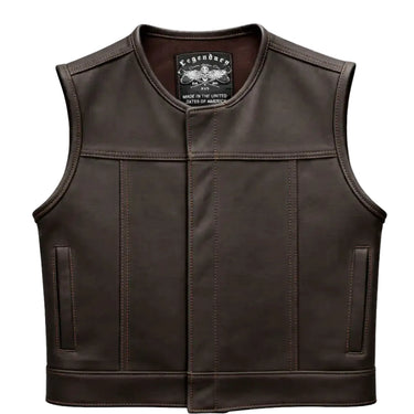 Main view of Legendary Lowlife cropped chocolate leather motorcycle vest, with brand detailing visible
