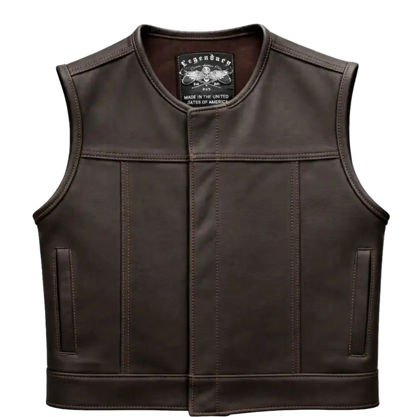 Main view of Legendary Lowlife cropped chocolate leather motorcycle vest, with brand detailing visible