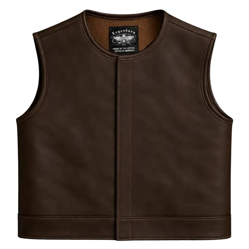 Legendary LowLife NOP Dark Chocolate Leather Vest front view showing the black cowhide design made in USA