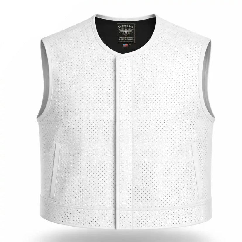 Main view of Legendary perforated white perforated leather motorcycle vest, with brand detailing visible