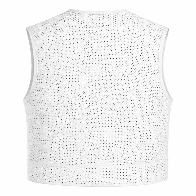 Detail view of Legendary perforated white perforated leather motorcycle vest, with hardware and stitching visible