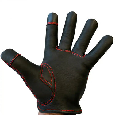 Back view of Legendary short wrist red deerskin gloves, highlighting construction detail