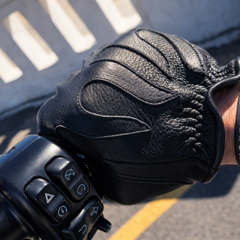 Rear view of Legendary short wrist black deerskin gloves, with hardware and stitching visible