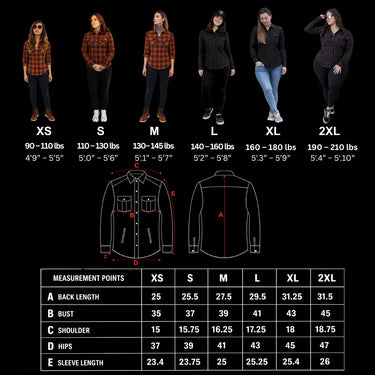 Legendary women’s flannel shirt size chart with model measurements and shirt diagrams on black background