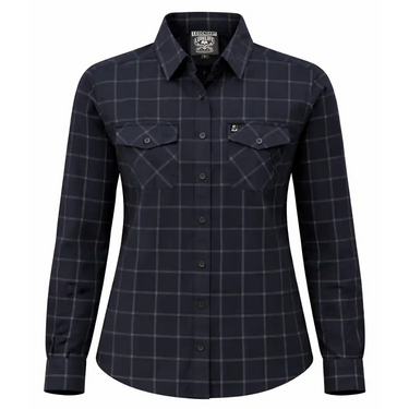 Legendary No Life series women’s black and white flannel shirt front view on white background