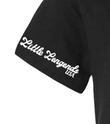 Close-up of sleeve showing Little Legends USA logo on black kids T-shirt, Made in USA