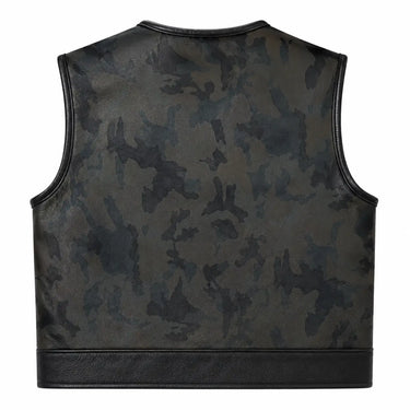 Legendary LowLife Camo Leather Club Vest back view showing the black cowhide panel made in USA