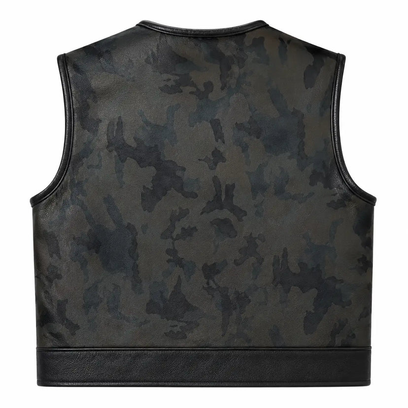 Legendary LowLife Camo Leather Club Vest back view showing the black cowhide panel made in USA