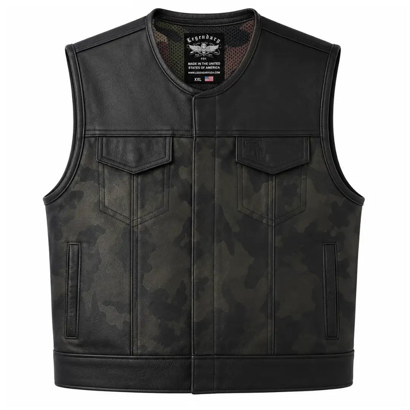 Legendary LowLife Camo Leather Club Vest front view showing the black cowhide design made in USA
