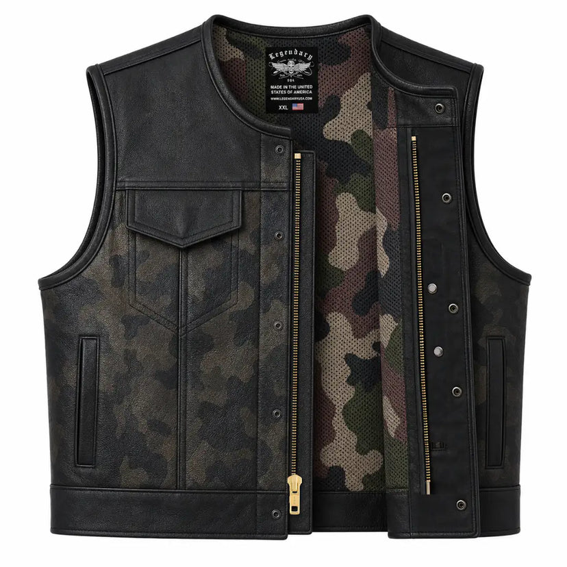 Legendary LowLife Camo Leather Club Vest in black cowhide made in USA, a motorcycle vest