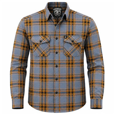 Legendary No Life Plaid Flannel Riding Shirt in grey, blue, and orange — men's front view