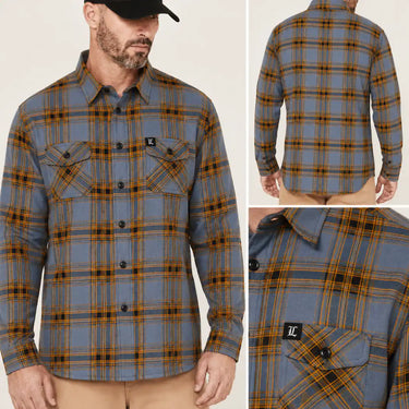 Legendary No Life Plaid Flannel Riding Shirt — men's model wearing grey, blue, and orange plaid flannel
