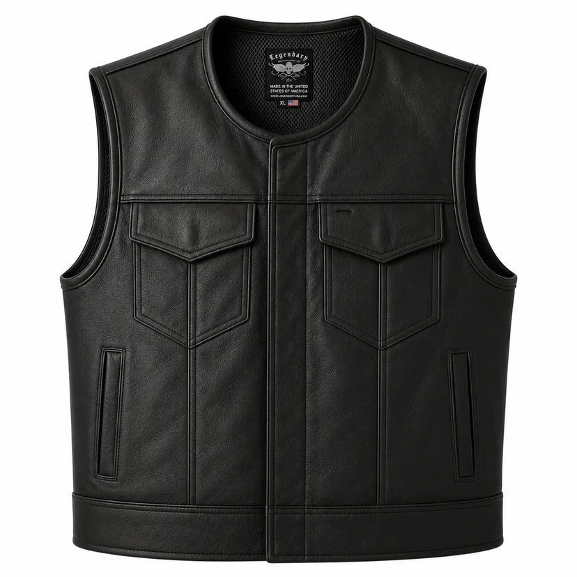 Legendary LowLife Leather Cropped Club Vest in black cowhide made in USA, a motorcycle vest
