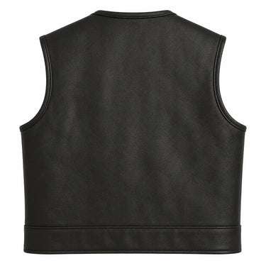 Legendary Lowlife NCP Black Leather Club Vest back view showing the black cowhide panel made in USA