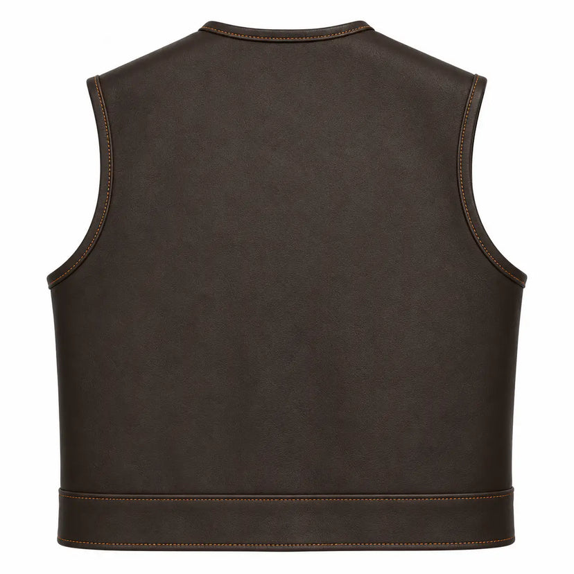 Legendary LowLife NCP Dark Chocolate Leather Vest back view showing the black cowhide panel made in USA