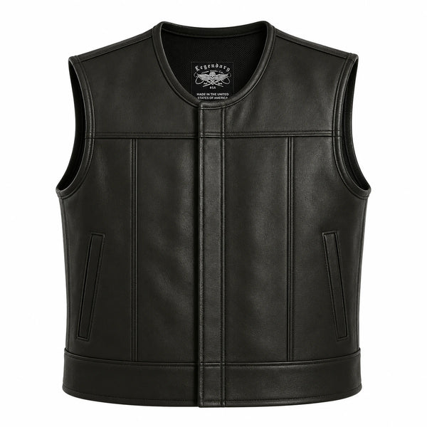 Legendary Lowlife NCP Black Leather Club Vest front view showing the black cowhide design made in USA