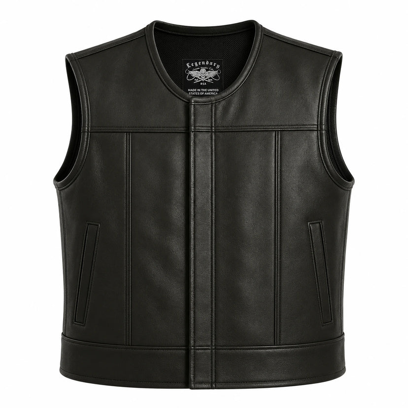 Legendary Lowlife NCP Black Leather Club Vest front view showing the black cowhide design made in USA
