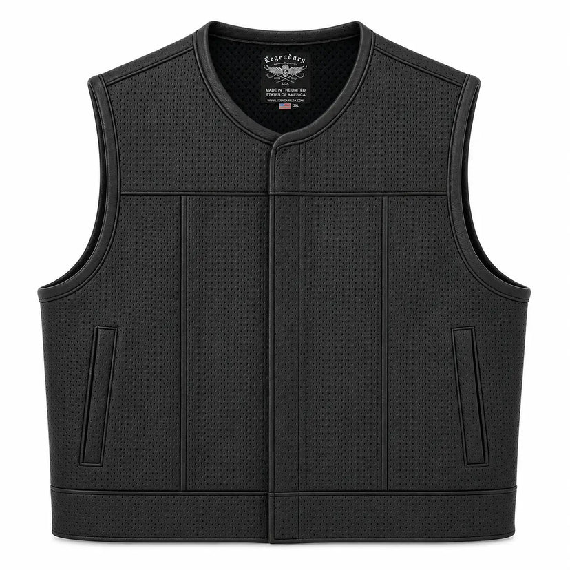 Legendary LowLife NCP Perforated Leather Club Vest in black cowhide made in USA, a motorcycle vest