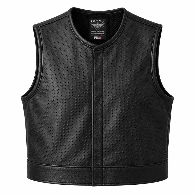 Legendary LowLife NOP Perforated Leather Club Vest in black cowhide made in USA, a motorcycle vest