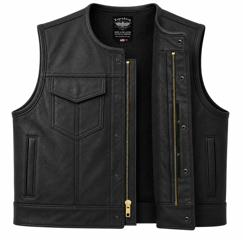 Legendary LowLife Leather Cropped Club Vest in black cowhide made in USA, a motorcycle vest — view 2 of 5