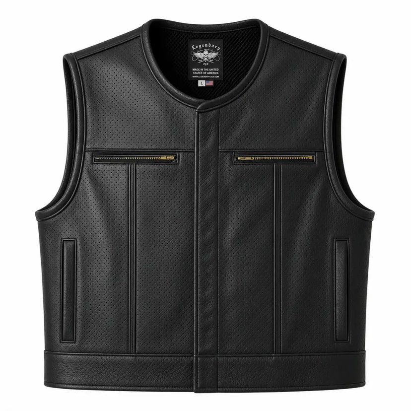 Legendary LowLife Z Perforated Black Leather Vest in black cowhide made in USA, a motorcycle vest