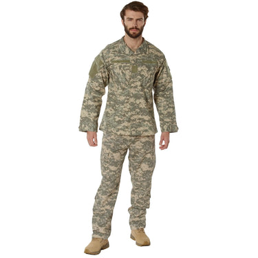 Front-facing view of Mens Camo Combat Uniform Shirt by Rothco, shown on plain studio background
